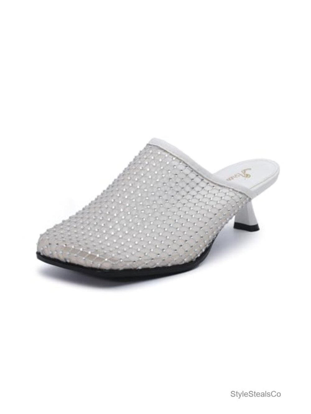 Rhinestone Mesh Mules Slip On Kitten Heel Square Toe Dress Shoes for Women